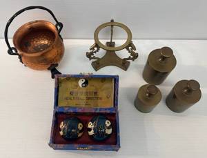 lot 169 image: Group Of Misc, Brass And Copper Items Including Three Unique Brass Bells, Tai Chi Health Balls And More