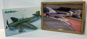lot 147 image: Vintage Framed Photo Of War Plane Behind Glass 17 14 x 13 14 And Tin Military Plane Sign 16 14 x 11 14