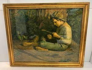lot 165 image: 31 12 x 25 12 Vintage Gold Framed Behind Glass Print Of Boy Fixing Arrows J.T. Harwood 1925