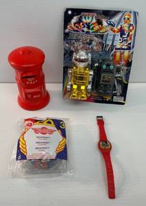 lot 216 image: Group Of Vintage Toys Including Robot, Mcdonalds Watch & Toy And Mailbox Bank