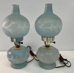 lot 228 image: Pair Of Vintage Frosted Glass Blue Lamps (AS SEEN SOME PLASTIC BROKEN)