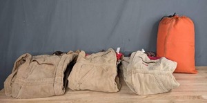 lot 274 image: (2) Insulated Dickies Bib Overalls 4244 Reg, Carhartt Coveralls, and Sleeping Bag M