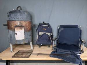 lot 278 image: Charcoal Smoker, BBQ Grill Net Clamp, Cal Pack Rolling Luggage Backpack, Folding Stadium Chair M