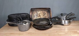 lot 254 image: Assortment of Pots & Pans, Cookie Sheets, Roaster, Pizza Pan & More M