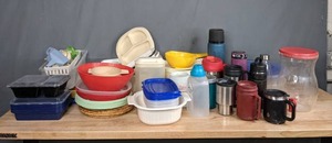 lot 256 image: Assortment of Tupperwares, Pitcher, Coffee Cups & More Rubbermaid, LittonWare, & More M