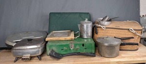 lot 263 image: For the Camper George Foreman Grill, Coleman Gas Camping Stove, Aluminum Coffee Pot, Camping Mattress and More M