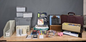 lot 253 image: Assortment of Office Supplies Photo Paper, Portable File Organizer, Briefcase, Index Card Holders, Sharpies, Pens, & So Much MoreM