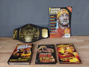 lot 293 image: Hulk Hogan Memorabilia Inside the Rope Magazine, WWE DVD Sets, World Wrestling Champion Belt T