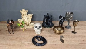 lot 70 image: Decorative Skull, Schlein Horse and Elf Figurines, Goblets, Decorative Bowls and More  T