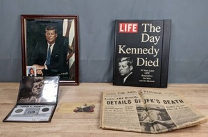 lot 85 image: John F Kennedy Memorabilia Life Magazine, Picture Frame, Stamp, Coins, & More T