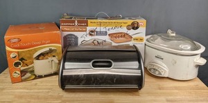 lot 292 image: Small Kitchen Appliances Bread Box, Slow Cooker, Deep Fryer and Copper Chef Pans T