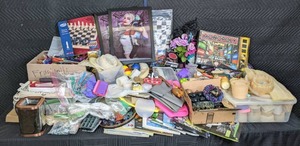 lot 298 image: Huge Crafting Lot Diamond Painting Replacement Beads, Mica Powder, Binder 3-Hole Punch, Acrylic Paint, Coloring Books, Engraving Art, Paint Brushes, Pens, Markers, Fragrances, Candles, Chess and Checkers, Monopoly, Harley Quinn Wall Art and More T