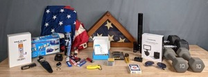 lot 305 image: Mixed Lot US Flags, Lighters, Knives, Lumecube, Aviator Sunglasses, Air Pump, Small Hand Tools, Hand Weights  T