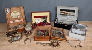lot 51 image: Collection of Jewelry Boxes with Costume Jewelry Rings, Bracelets, Earrings, Necklaces and More T