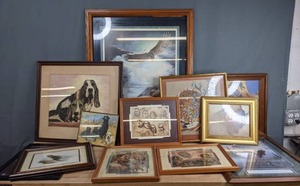 lot 297 image: Large Assortment of Framed Art and Picture Frames American Bald Eagle, Hound Dogs, Wolf Charm, Five Cent Peace, Founding Fathers, On the Wings of Freedom,  End of the Trail, Bison Buffalo and More T