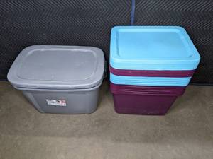 lot 358 image: An Assortment of (14) Blue, Purple and Grey Plastic Totes with Lids  W