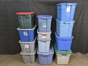lot 365 image: Assortment of (12) Plastic Totes Sterilite, Rubbermaid, & More X