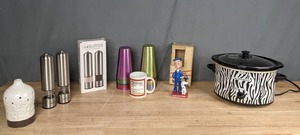 lot 318 image: Assortment of Household Items Essential Oil Diffuser, Jaguards Electric Salt & Pepper Mill, CupsMugs, Hamilton Beach Crockpot & Cracker Jack Collector Figurine W