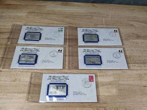 lot 19 image: (5) Franklin Mint 1.7oz Silver Bicentennial Council of the Thirteen Original States Official Commemorative Sterling Silver Art Ingots 1970s A