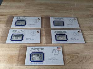 lot 21 image: (5) Franklin Mint 1.7oz Silver Bicentennial Council of the Thirteen Original States Official Commemorative Sterling Silver Art Ingots 1970s A