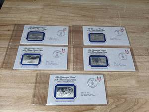 lot 22 image: (5) Franklin Mint 1.7oz Silver Bicentennial Council of the Thirteen Original States Official Commemorative Sterling Silver Art Ingots 1970s A