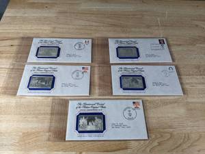 lot 23 image: (5) Franklin Mint 1.7oz Silver Bicentennial Council of the Thirteen Original States Official Commemorative Sterling Silver Art Ingots 1970s A