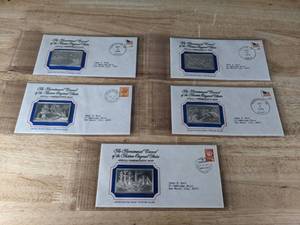 lot 14 image: (5) Franklin Mint 1.7oz Silver Bicentennial Council of the Thirteen Original States Official Commemorative Sterling Silver Art Ingots 1970s A