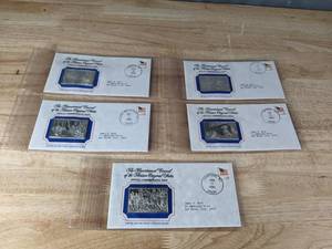 lot 16 image: (5) Franklin Mint 1.7oz Silver Bicentennial Council of the Thirteen Original States Official Commemorative Sterling Silver Art Ingots 1970s A