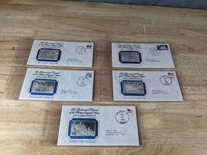 lot 17 image: (5) Franklin Mint 1.7oz Silver Bicentennial Council of the Thirteen Original States Official Commemorative Sterling Silver Art Ingots 1970s A
