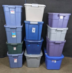 lot 367 image: Assortment of (12) Plastic Totes Sterilite, Rubbermaid, & More X