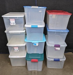 lot 368 image: Assortment of (12) Plastic Totes Sterilite, Room Essentials, & More X