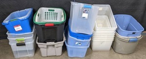 lot 375 image: Collection of 26 Plastic Bins without Lids and 1 Laundry Basket  X
