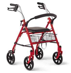 lot 134 image: Medline Steel Rollator Walker with 8 Inch Wheels, Folding Rolling Walker, Adjustable Arms, Supports 300 lbs, Red (OPEN BOX)
