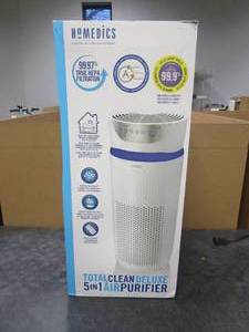 lot 223 image: Homedics Air Purifier for Extra-Large Rooms, TotalClean Deluxe 5-in-1 Tower, UV-C Light for Home, Office, True HEPA Filtration for 1,659 Sq Ft , Air Quality Particle Sensor, Odor Reducer, White (OPEN BOX)
