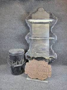 lot 320 image: Wall Shelf, Decorative Can, and Give Thanks Cast Iron Wall Plaque - NO SHIPPING