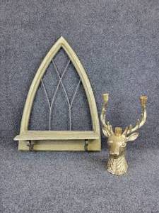 lot 325 image: The Homemakers Idea Company Wall Shelf and Brass Reindeer Candle Holder