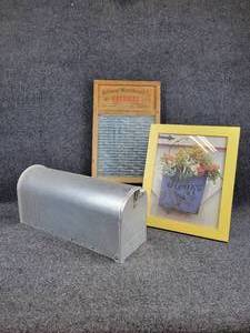 lot 329 image: Vintage National Washboard Co. Glass Washboard, No. 512, Framed Flower Photograph, and Solar Group, Inc Steel Mailbox - NO SHIPPING