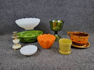 lot 340 image: Lot of Pottery Including Haeger, California, and More. Comes with a Darling Onyx and Brass Taper Candle Holder NO SHIPPING