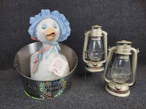 lot 352 image: Pair of Tin Lanterns, Steel Bucket, and Vintage Talking Mother Goose Toy