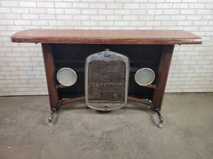 lot 175 image: Custom Made FORD Model A Bar, Live Edge Wood Slab Bar Top - Working Headlights - NO SHIPPING