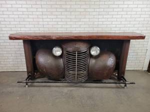lot 177 image: Custom Made 1940s Chevrolet Truck Bar, Live Edge Wood Slab Bar Top - Working Headlights - NO SHIPPING