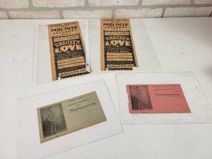 lot 237 image: (2) Antique LUDCKE THEATRE Adults Only Theater Ads from St. Peter, MN  (2) Playbill Postcards for What Happened to Ole