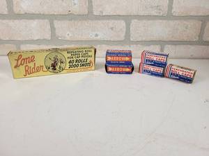 lot 238 image: Vintage Lone Rider Repeating Roll Paper Caps - Full in Original Box  (3) Kilgore Paper Caps and (2) Arrow Paper Caps, Duluth MN