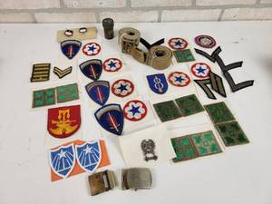 lot 242 image: Large Collection of Military Patches, Pins, Buckles and More