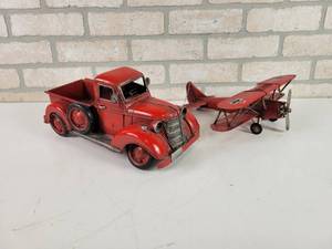 lot 271 image: Decorative Metal Pickup and Bi-Plane - Both Approx 12 Long