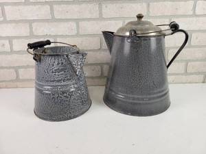 lot 315 image: (2) Antique Enamel Coffee Pots - Approx. 14 Tall and 9 Tall