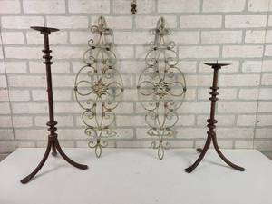 lot 316 image: (2) Cast Iron Wall Mount Candle Holders (26 x 9) and (2) Floor Steel Candle Holders (22 Tall and 17 tall) - NO SHIPPING