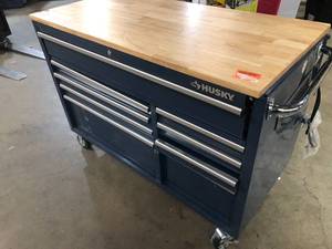 lot 9 image: Husky 52 in. W x 25 in. D Standard Duty 9-Drawer Mobile Workbench Cabinet with Solid Wood Top in Gloss Blue damaged no keys review pictures