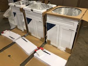 lot 22 image: Lot of 3 Glacier Bay  All-in-One Stainless Steel 24 in Laundry Sink with Faucet and Storage Cabinet in White customer returns review pictures