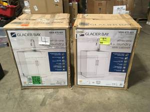 Glacier Bay All-in-One Stainless Steel 24 in Laundry Sink with Faucet and Storage Cabinet in White, Lot of 2, Customer returns, Review all pictures